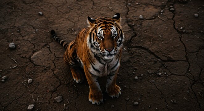 Majestic tiger on dry earth highlights conservation awareness for international tiger day