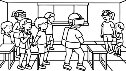 A group of children in a classroom setting with one child wearing a vr headset and another wearing goggles