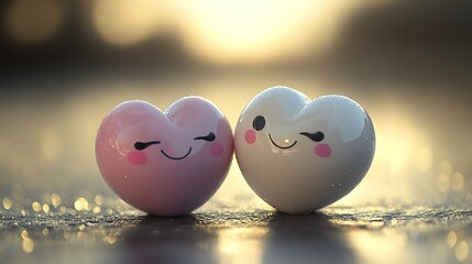 Cute wink emoji hearts with Valentines Day concept, golden bokeh, and happy love background.