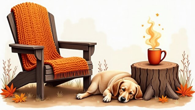 armchair and a dog, a wooden chair a pumpkin scaf on chair and a wooden table in front a yellow color tee cup on table a dog sitting near table  ,happy halloween witch, 