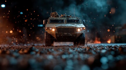A powerful armored vehicle stands boldly against a dark, smoky backdrop, showcasing strength and resilience in an intense atmosphere filled with action and drama.