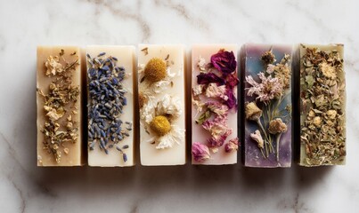 Handmade soap bar with dried flowers on top, set on a marble surface.