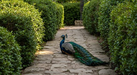 A vibrant peacock rests on a stone pathway, surrounded by lush green hedges in a garden.