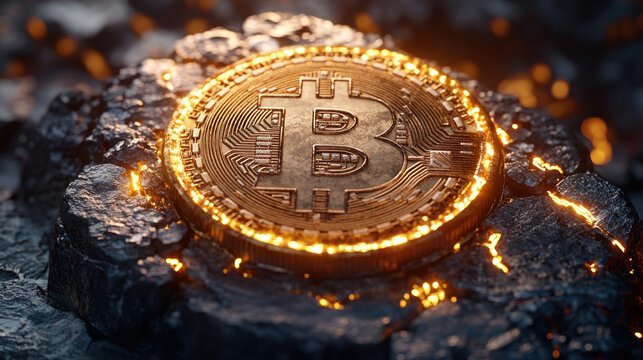 Golden Bitcoin rests atop volcanic rocks