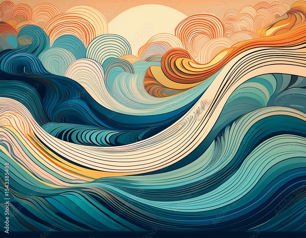 Poster calming rhythms illustration featuring soft waves and harmonious abstract patterns