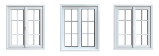 Collection of various 3D visualization of white windows isolated on transparent background