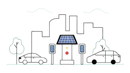 Illustration of electric vehicle charging station with solar panel and city skyline background