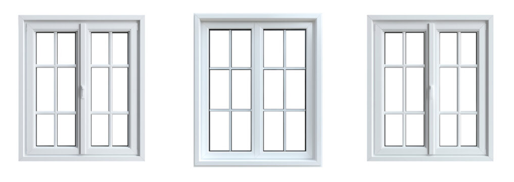 Collection of various 3D visualization of white windows isolated on transparent background