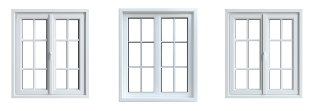 Collection of various 3D visualization of white windows isolated on transparent background