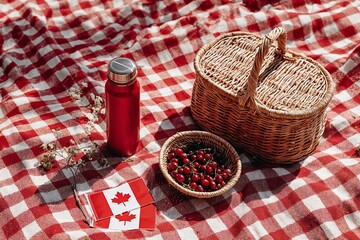 Picnic scene with red and white checkered blanket, basket, berries, small Canadian flags and thermos, soft summer light, minimal and natural