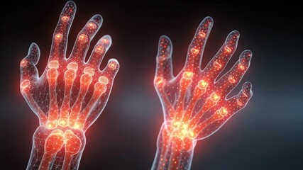 Medical visualization rendering glowing red joints and bones, revealing intricate wrist motion and anatomical details of human hand through advanced 3d animation technology
