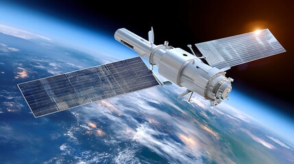 Obraz premium Satellite in Orbit Above Earth with Solar Panels and Sunlight Glow