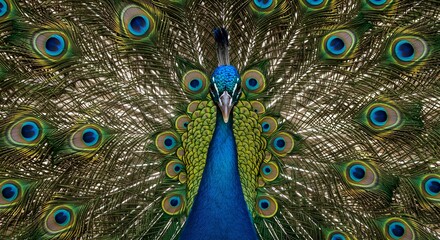 Obraz premium Majestic peacock displaying its iridescent, vibrant tail feathers in full splendor.