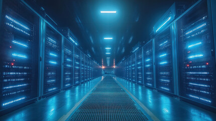 Futuristic server room, illuminated by blue light