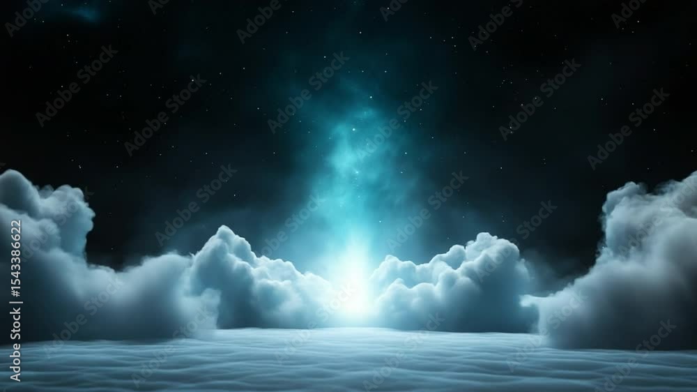 Poster Celestial Beacon: A captivating panorama presents a bright light breaking through a layer of clouds and illuminating the scene, creating a sense of wonder and awe.