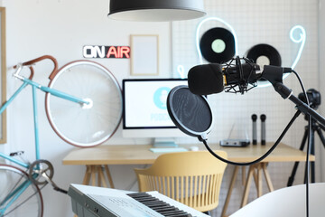 Stand with microphone in light podcaster's studio, closeup