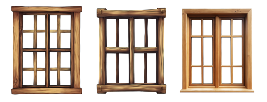 Set of various 3D old wooden windows isolated on transparent background