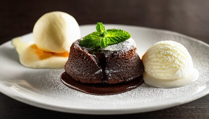 molten chocolate lava cake with vanilla ice cream and mint garnish close up on white plate