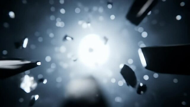 Shattering fragments, light burst, dark background.