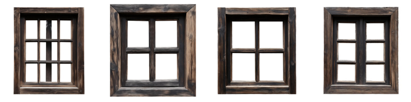 Fototapeta Collection of various 3D old wooden windows isolated on transparent background
