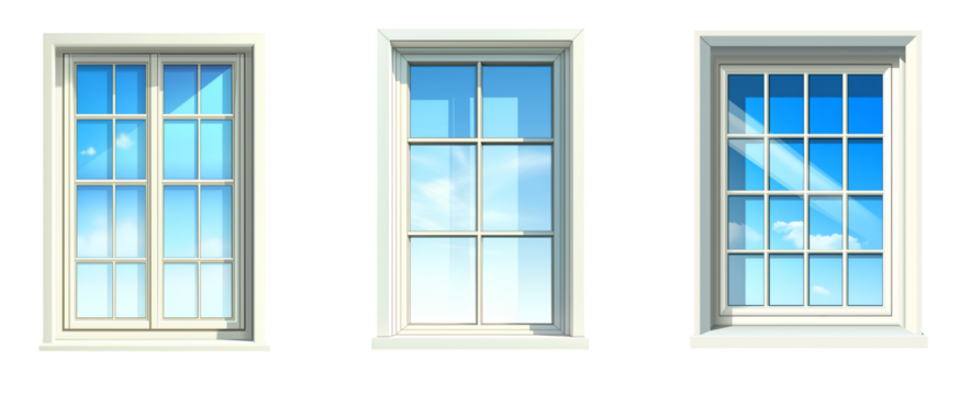 Collection of various 3D windows with window frames isolated on transparent background