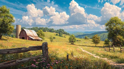 Beautiful farm landscape painting of barn clouds and rolling hills artwork scene