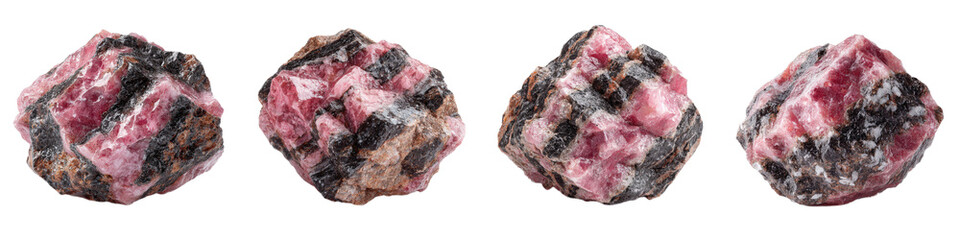 Vibrant Pink and Black Raw Mineral Stones on White Background