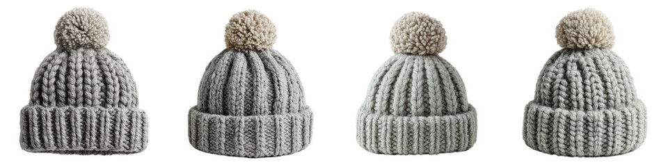 Collection of Stylish Gray Knit Beanies with Pom Poms for Winter Wear