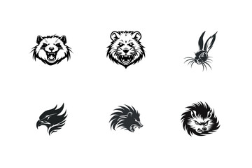 Six aggressive animal head logos black and white