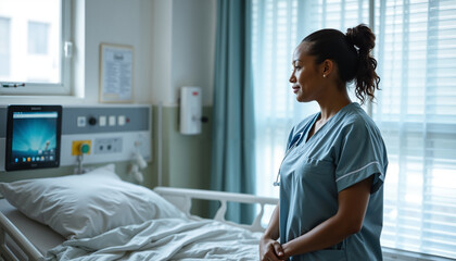 African American nurse standing thoughtfully by hospital bed in room  