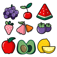 colorful assortment of fruits including grapes, cherries, watermelon, strawberries, pears, blueberries, apples, avocados, and lemons, evoking freshness and vitality