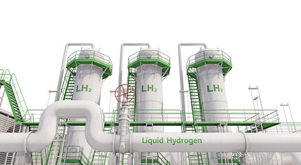 Hydrogen liquefaction facility isolated on transparent background. Transforming green hydrogen into liquid form through cooling and compression. 3D illustration