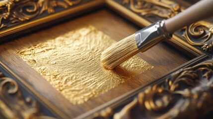 Close-Up of Brush Applying Gold Leaf on Frame