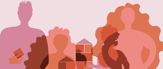 Parents with many children with kids playing with cubes, silhouette vector stock illustration as Authentic Family, copy space template for overlay