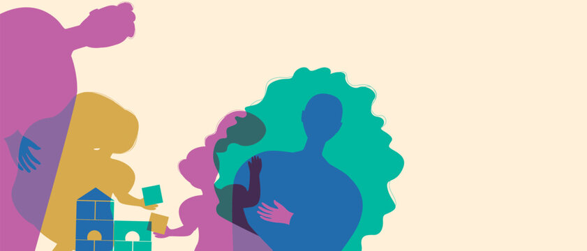 Parents with many children with kids playing with cubes, silhouette vector stock illustration as Authentic Family, copy space template for overlay