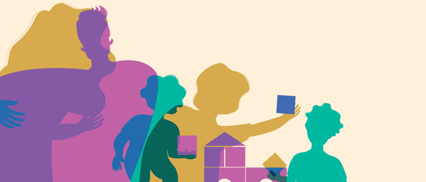 Parents with many children with kids playing with cubes, silhouette vector stock illustration as Authentic Family, copy space template for overlay