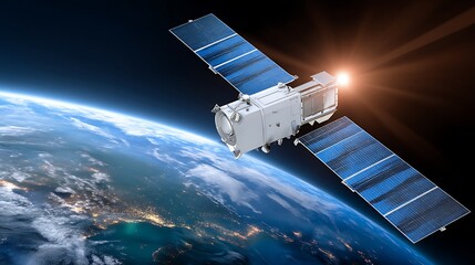 Fototapeta premium Satellite in Orbit Over Earth with Sunlight Illuminating Space