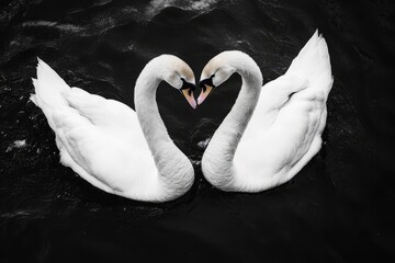 Obraz premium Two swans forming a heart shape in monochrome water, symbolizing love and romance