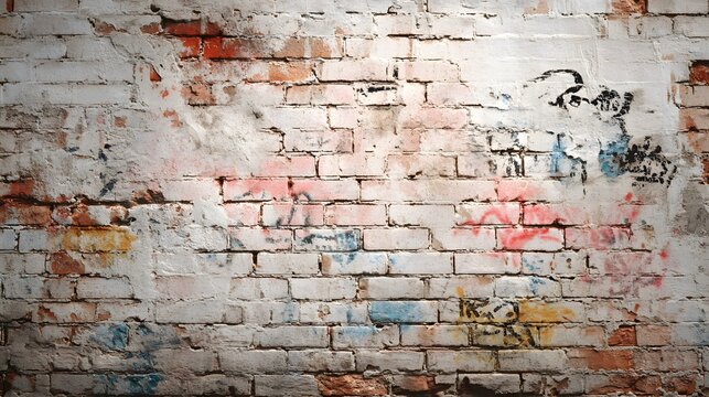 Fototapeta Distressed white brick wall texture background with graffiti and paint marks