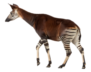 Okapi turning back, striped legs, long neck, isolated on transparent background, forest giraffid creature