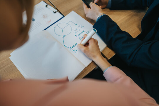 Business person engaged in discussion while reviewing hand-drawn notes featuring a pie chart and financial data. This scene emphasizes collaboration, strategy, and planning in a corporate environment.