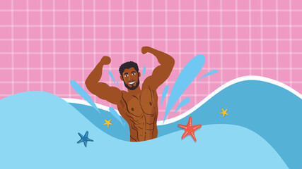 A sexy muscular man flexing arms inside water with pink splash design