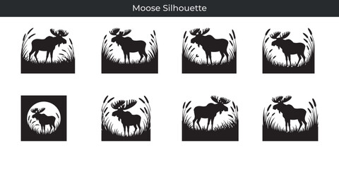 Fototapeta premium Black silhouettes of moose in nature settings with grass and cattails graphic designs
