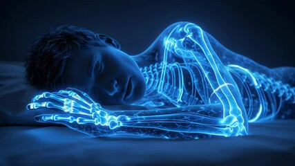 Medical animation showing a young male skeleton lying on its side in bed, peacefully sleeping, highlighting the skeletal structure and promoting healthy sleep habits