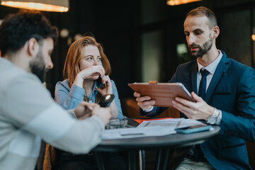 People engaged in a collaborative business meeting, discussing strategies and reviewing documents,...