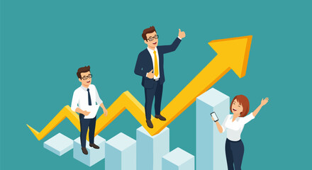Flat Overhead Illustration of Business Team Celebrating Growth on Bar Graph with Upward Arrow