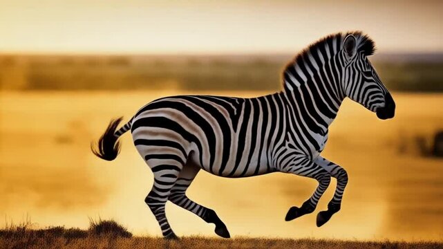 Zebra running across the african plains with a golden sunset in the background view wildlife video