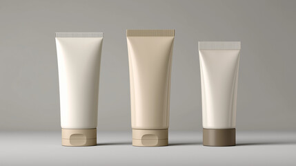 Minimal cosmetic mockup with three plain tubes on neutral background. Perfect for skincare, beauty product branding, packaging design, and advertising
