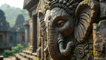 Ganesha Face Etched in Ancient Temple Stone &ndash; Spiritual Depth and Texture