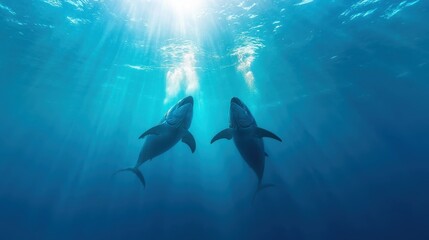 Naklejka premium Two majestic sharks glide effortlessly through the crystal-clear blue waters, showcasing the elegance and power of marine life in a stunning underwater environment.
